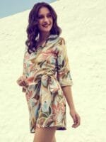 Onlytrend Cream-Coloured & Teal Linen Printed Jumpsuit