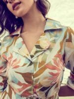 Onlytrend Cream-Coloured & Teal Linen Printed Jumpsuit