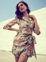 Onlytrend Cream-Coloured & Teal Linen Printed Jumpsuit