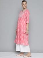 OnlyTrend Women Pink & White Ethnic Motifs Printed Gotta Patti Pure Cotton Kurta