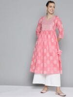 OnlyTrend Women Pink & White Ethnic Motifs Printed Gotta Patti Pure Cotton Kurta