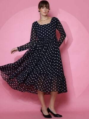 OnlyTrend Polka Dot Printed Georgette Fit & Flare Midi Dress