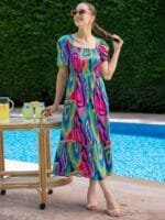 OnlyTrend Women Abstract Printed Square Neck Fit & Flare Dress