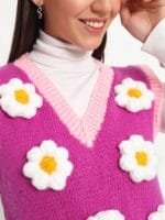 OnlyTrend Women Floral Woollen Crop Sweater Vest with Embroidered Detail