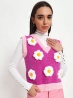 OnlyTrend Women Floral Woollen Crop Sweater Vest with Embroidered Detail