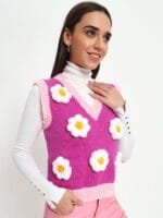 OnlyTrend Women Floral Woollen Crop Sweater Vest with Embroidered Detail