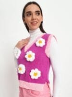 OnlyTrend Women Floral Woollen Crop Sweater Vest with Embroidered Detail