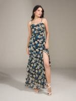 20Dresses Black & Off-White Floral Print High-Slit Tiered Maxi Dress