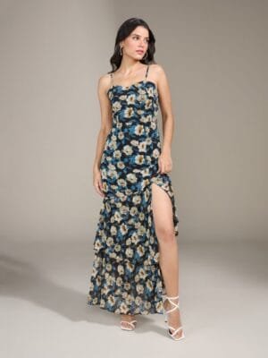 OnlyTrend Black & Off-White Floral Print High-Slit Tiered Maxi Dress