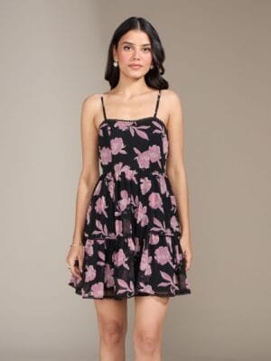 OnlyTrend Black & Pink Floral Shoulder straps Georgette Mini Dress