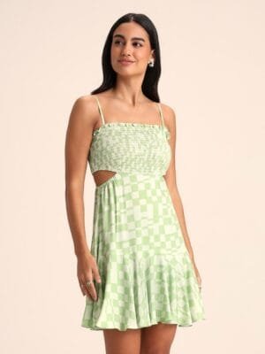 OnlyTrend Green & Off-White Checked Shoulder Strap Cut-Outs A-Line Dress