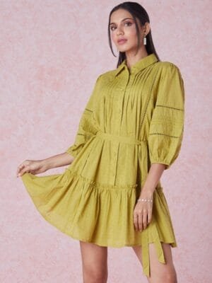 OnlyTrend Lime Green Dobby Weave Shirt Collar Pure Cotton A-Line Mini Dress
