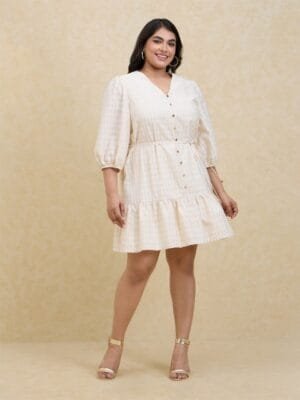 OnlyTrend Plus Size White Textured V Neck Short Dress