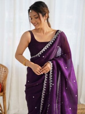 OnlyTrend Embellished Sequinned Tissue Saree