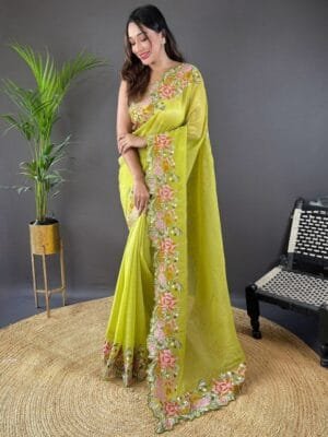 OnlyTrend Ethnic Motif Embroidered Tissue Saree