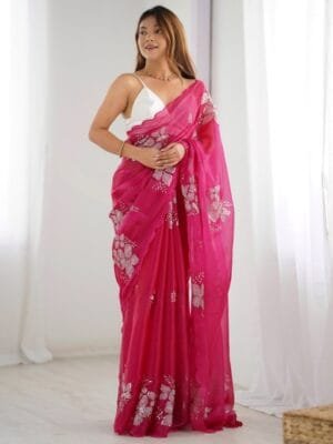 OnlyTrend Ethnic Motifs Sequinned Organza Saree