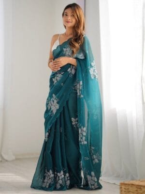 OnlyTrend Ethnic Motifs Sequinned Organza Saree