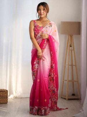 OnlyTrend Floral Sequinned Poly Georgette Saree with Matching Blouse