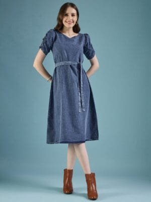 OnlyTrend Blue Puff Sleeve V-Neck Denim A-Line Dress