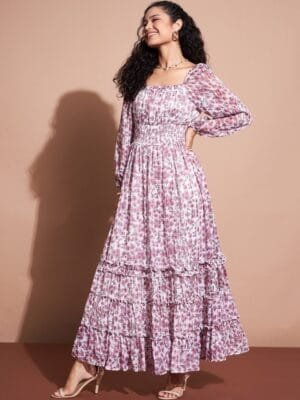 OnlyTrend Floral Printed Puff Sleeve Georgette Pleated Fit & Flare Maxi Dress