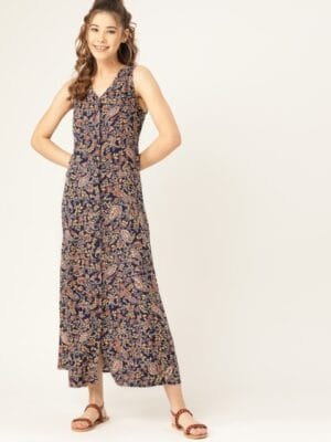 OnlyTrend Navy Blue & Mustard Yellow Floral Printed Maxi Dress