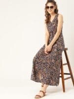 DressBerry Navy Blue & Mustard Yellow Floral Printed Maxi Dress