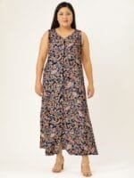 DressBerry Navy Blue & Mustard Yellow Floral Printed Maxi Dress