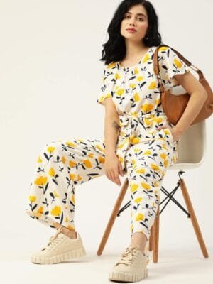 OnlyTrend Women White & Yellow Floral Printed Basic Jumpsuit
