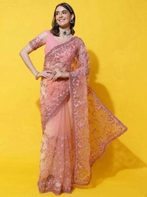OnlyTrend Floral Embroidered Net Saree