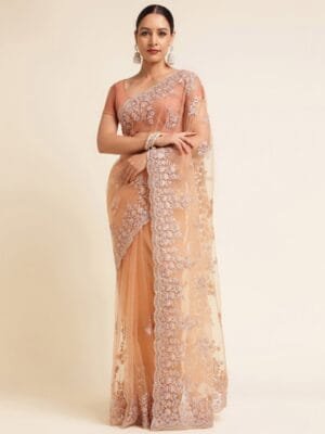 OnlyTrend Floral Embroidered Net Saree