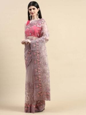 OnlyTrend Floral Embroidered Zari Net Saree