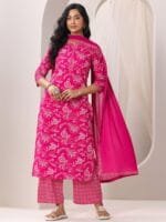 Libas Floral Printed Round Neck Pure Cotton Straight Kurta With Palazzos & Dupatta