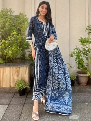 OnlyTrend Women Blue Bandhani Printed Pure Cotton Kurta with Palazzos & Dupatta
