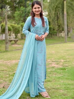 OnlyTrend Women Blue Printed Kurta with Palazzos & With Dupatta