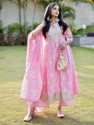 OnlyTrend Women Ethnic Motifs Embroidered Pure Cotton Kurta With Palazzos & With Dupatta