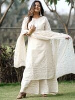 Libas Women Off White Floral Mirror detail Cotton Straight Kurta & Palazzos with Dupatta