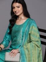 Libas Women Sea Green Floral Kurta with Trousers & With Dupatta