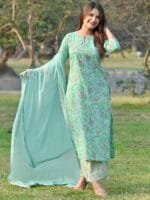 Libas Women Sea Green Floral Printed Kurta with Palazzos & Dupatta