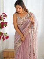 OnlyTrend Embellished Sequinned Organza Saree