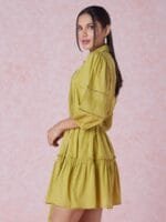 OnlyTrend Lime Green Dobby Weave Shirt Collar Pure Cotton A-Line Mini Dress