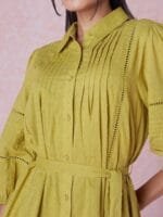 OnlyTrend Lime Green Dobby Weave Shirt Collar Pure Cotton A-Line Mini Dress