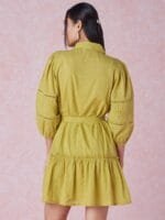 OnlyTrend Lime Green Dobby Weave Shirt Collar Pure Cotton A-Line Mini Dress