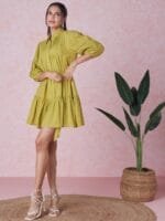 OnlyTrend Lime Green Dobby Weave Shirt Collar Pure Cotton A-Line Mini Dress