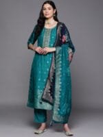 OnlyTrend Women Green Floral Pure Silk Kurta with Trousers & With Dupatta
