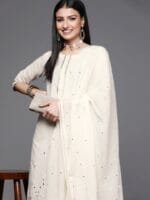 OnlyTrend Women Off White Floral Mirror detail Cotton Straight Kurta & Palazzos with Dupatta
