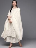 OnlyTrend Women Off White Floral Mirror detail Cotton Straight Kurta & Palazzos with Dupatta
