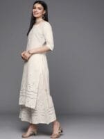 OnlyTrend Women Off White Floral Mirror detail Cotton Straight Kurta & Palazzos with Dupatta