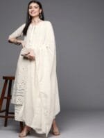 OnlyTrend Women Off White Floral Mirror detail Cotton Straight Kurta & Palazzos with Dupatta