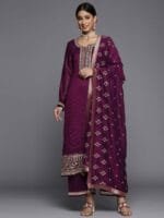 OnlyTrend Women Purple Floral Embroidered Sequinned Kurta with Palazzos & Dupatta