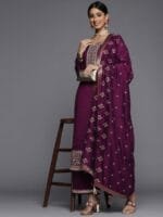 OnlyTrend Women Purple Floral Embroidered Sequinned Kurta with Palazzos & Dupatta